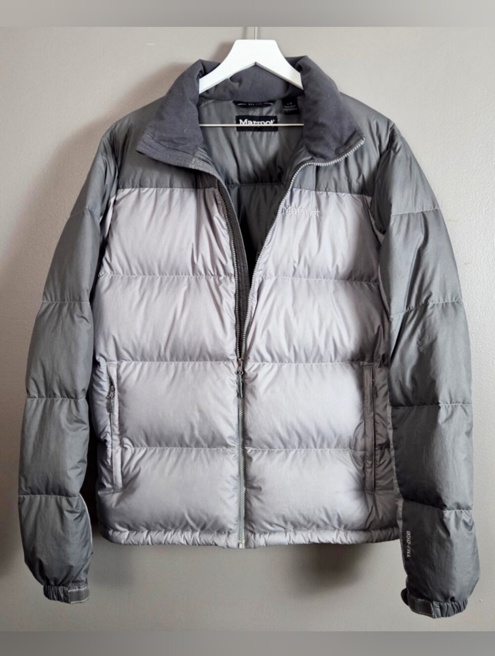 Marmot Men's Large Guides Down Puffer Jacket Grey Two Tone Insulated Coat READ